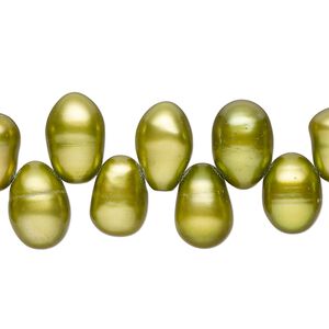 Freshwater pearl 1pkg1, rice C grade, 15 inch green olive 9x7mm-12x8mm cultured