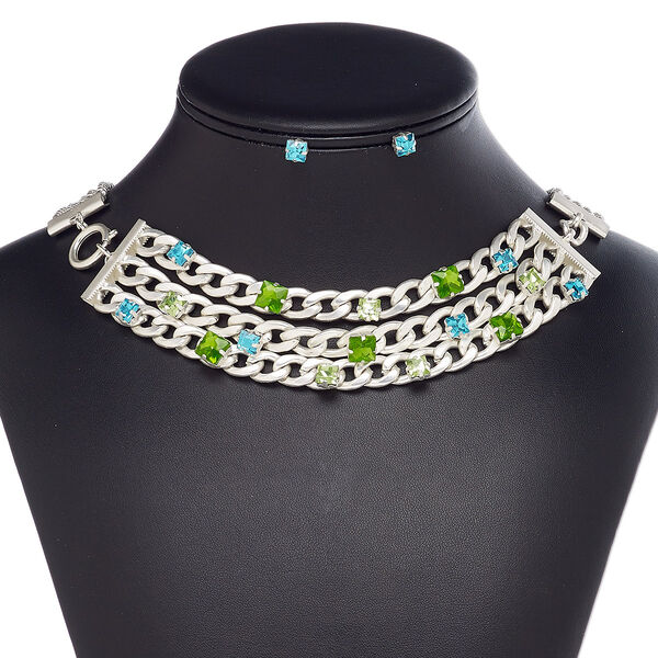 Necklace and earring set, 5-strand, glass / stainless steel / silver-plated steel / "pewter" (zinc-based alloy), matte / blue / green, 18-inch necklace with springring clasp, 6x6mm faceted square with post. Sold per set. image number 0