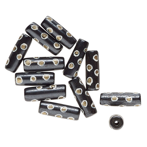 Bead, bone (dyed), black / white / gold, 25x9mm-24x7mm hand-painted tube with spotted design. Sold per pkg of 12. image number 0