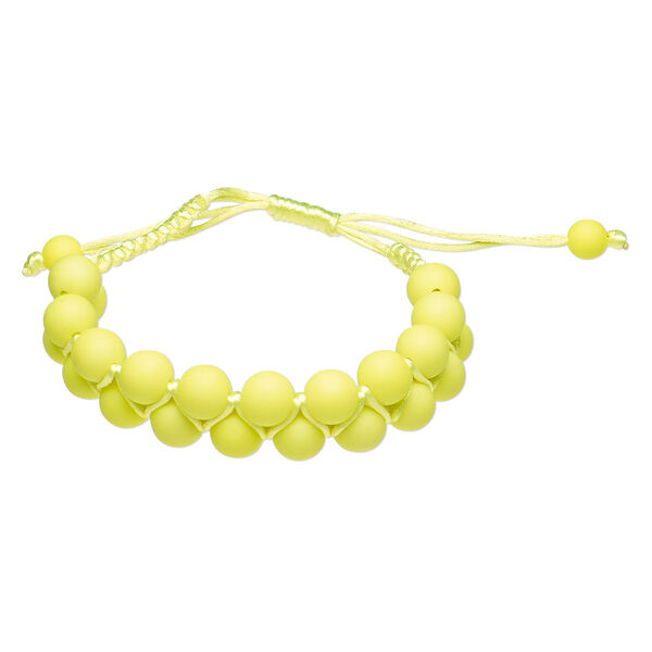 Bracelet, nylon and acrylic, neon yellow, 18mm wide with 8mm round, adjustable from 6-1/2 to 9 inches with wrapped knot closure. Sold individually. image number 0