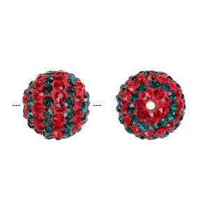 Bead, Egyptian glass rhinestone / epoxy / resin, red and dark green, 14mm round with pavé striped design. Sold individually.