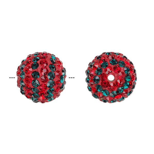Bead, Egyptian glass rhinestone / epoxy / resin, red and dark green, 14mm round with pavé striped design. Sold individually. image number 0