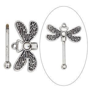 Focal, bead pin, glass rhinestone / antique silver-finished brass / "pewter" (zinc-based alloy), clear, 48x38.5mm single-sided dragonfly with twist-off top, 24.5mm beadable length. Sold individually.