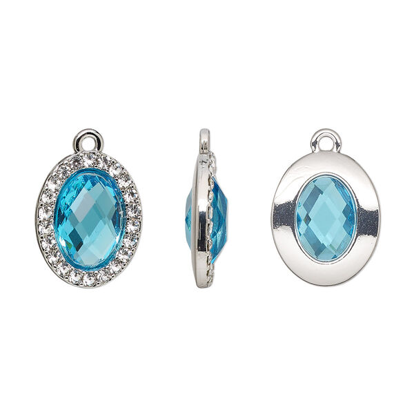Drop, glass / glass rhinestone / imitation rhodium-finished "pewter" (zinc-based alloy), clear and transparent sapphire blue, 19x15.5mm single-sided oval. Sold per pkg of 2. image number 0
