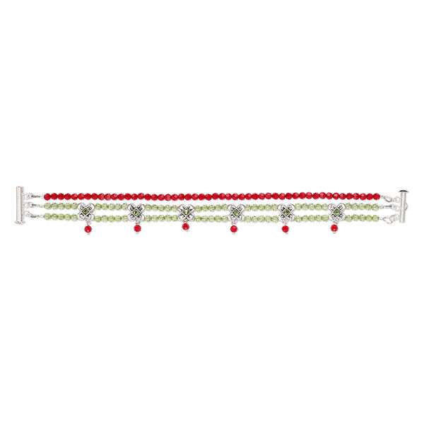 Bracelet, One of a Kind Jewelry, crystal / glass rhinestone / antique silver-finished "pewter" (zinc-based alloy), red and green, 7-1/2 inches with slide lock clasp. Only one available. image number 0