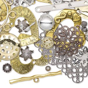 Finding mix, mixed-plated brass / copper / steel, 3x3mm-68x36mm mixed shape. Sold per 1/2 pound pkg.