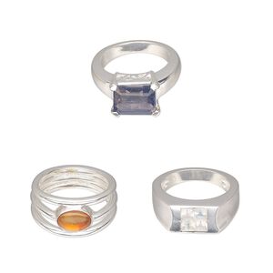 Ring mix, Create Compliments®, multi-gemstone (natural / dyed / heated / irradiated) / glass / sterling silver, multicolored, 2-16mm wide, size 5 to 5-1/2. Sold per pkg of 3.