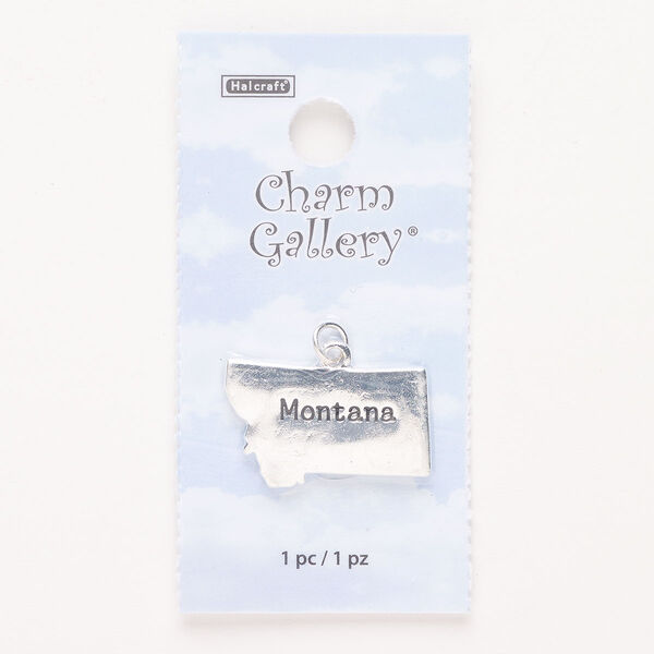 Charm, steel and enamel, pkg/1, silver finish and black, 24x15mm with "Montana." image number 0