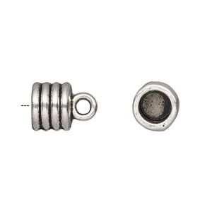 Cord end, glue-in, antique silver-finished "pewter" (zinc-based alloy), 9.5x8.5mm ribbed barrel, 6.5mm inside diameter. Sold per pkg of 4.