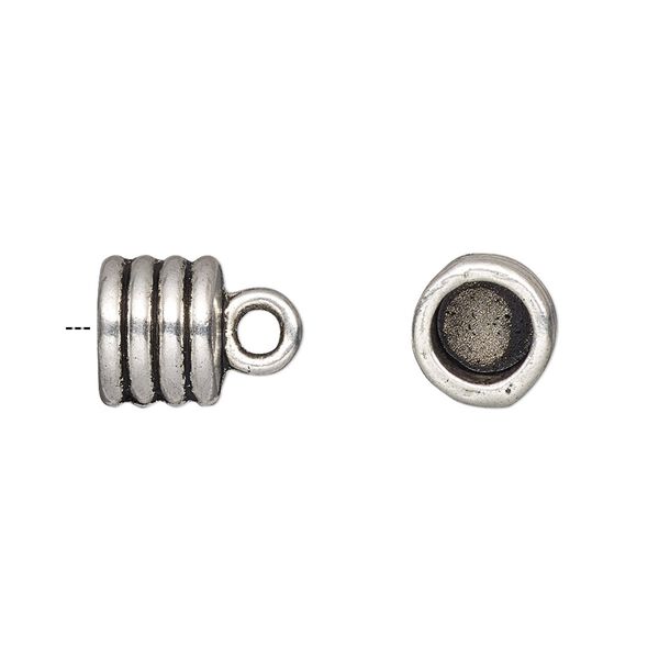 Cord end, glue-in, antique silver-finished "pewter" (zinc-based alloy), 9.5x8.5mm ribbed barrel, 6.5mm inside diameter. Sold per pkg of 4. image number 0