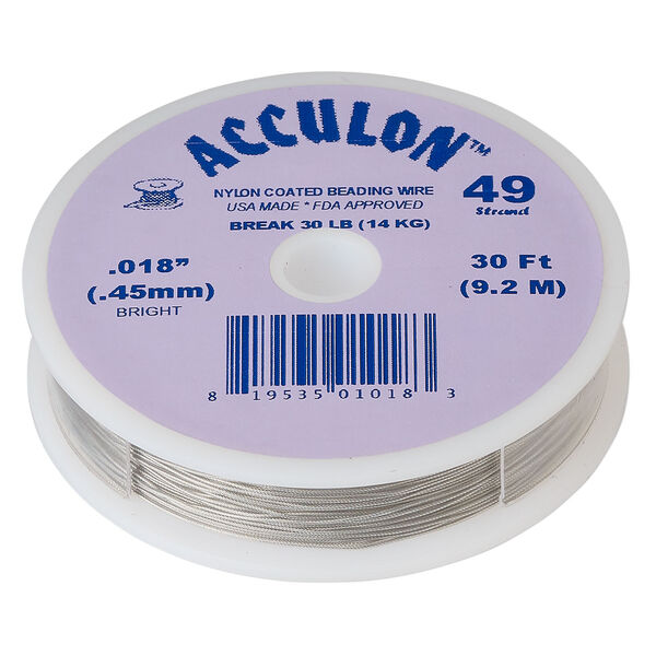 Beading wire, Acculon®, nylon-coated stainless steel, clear, 49 strand, 0.018-inch diameter. Sold per 30-foot spool. image number 0