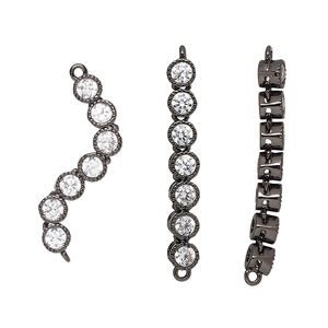Link, cubic zirconia and black-finished brass, clear, 27x4mm single-sided with 7 articulated rounds. Sold individually.