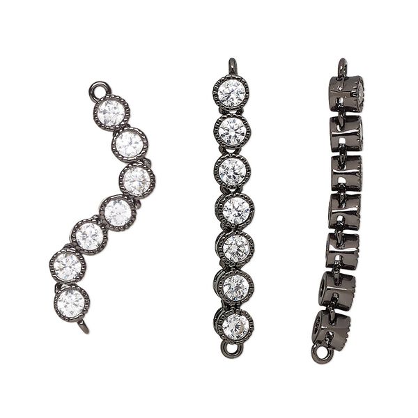 Link, cubic zirconia and black-finished brass, clear, 27x4mm single-sided with 7 articulated rounds. Sold individually. image number 0