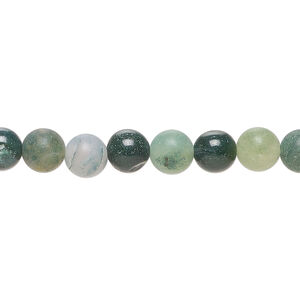 Moss agate 1pkg1, round bead natural, 8 inch 6mm matte / partially matte