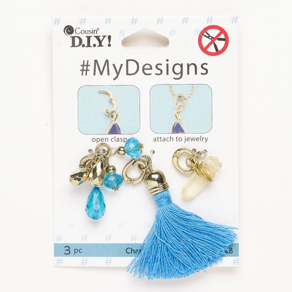 Drop 1pkg3 steel / brass / acrylic, mixed sizes / mixed shapes / hinged bail, assortment antique gold finish / blue image number 0