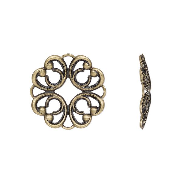 Component, antique brass-plated brass, 20mm fancy round with cutout design. Sold per pkg of 6. image number 0
