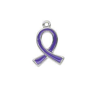 Charm, silver-plated "pewter" (zinc-based alloy) and enamel, purple, 18x15mm single-sided awareness ribbon. Sold individually.