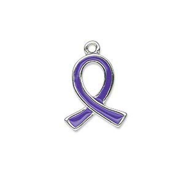 Charm, silver-plated "pewter" (zinc-based alloy) and enamel, purple, 18x15mm single-sided awareness ribbon. Sold individually. image number 0