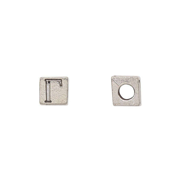 Bead, antiqued pewter (tin-based alloy), 7mm cube with Greek letter, GAMMA. Sold per pkg of 4. image number 0