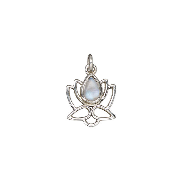 Rainbow moonstone / sterling silver 1pkg1, open lotus drop natural antiqued 12x12mm image number 0