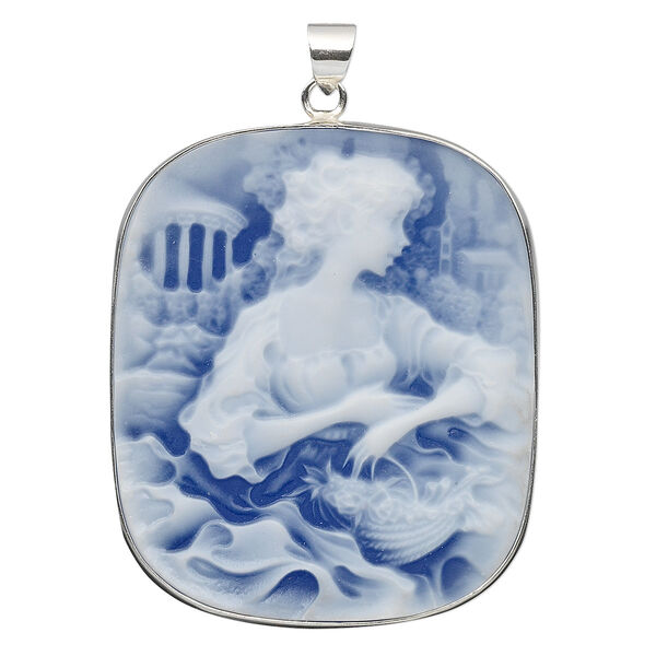 Pendant, acrylic and sterling silver, blue and white, 41x35mm rectangle cameo with woman and basket. Sold individually. image number 0