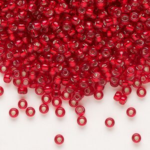 Seed bead, Miyuki, glass, pkg/50g, #8 rocaille, transparent silver-lined red, (RR-1419).