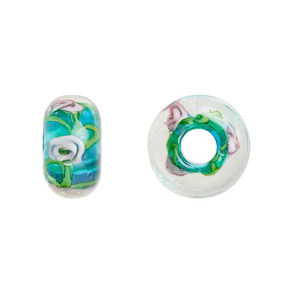 Bead, lampworked glass, opaque teal and multicolored, 16x9mm rondelle with rose. Sold per pkg of 4. image number 0