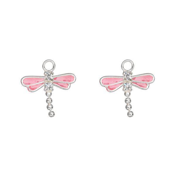 Charm, crystals / sterling silver / enamel, pink and crystal clear, 13x11mm single-sided dragonfly. Sold per pkg of 2. image number 0