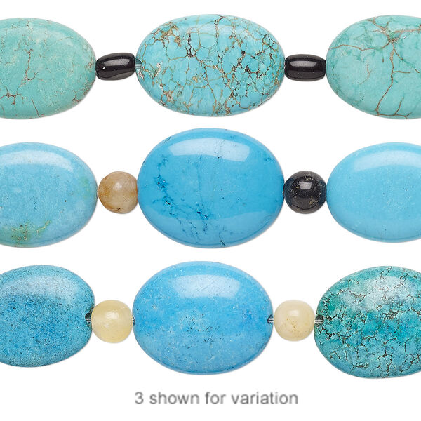 Bead mix, "turquoise" (imitation) resin / multi-gemstone (natural) / glass, blue-green / black / blue, 6mm round / 6x4mm barrel / 18x15mm-22x17mm puffed oval. Sold per pkg of 7. image number 0