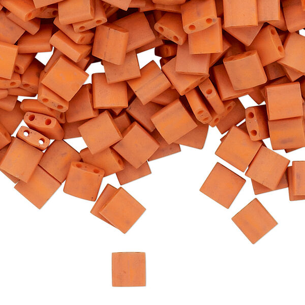 Seed bead, TILA®, glass, pkg/250g, 5mm full tila square, opaque matte dark orange, (TL-2315). image number 0