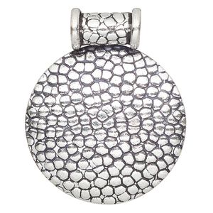 Pendant, antique silver-plated copper, 47x38mm round with textured cobblestone design and tube bail. Sold individually.