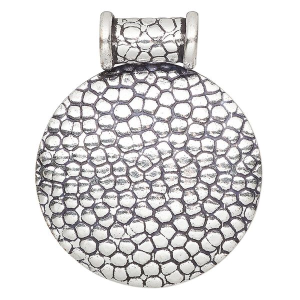 Pendant, antique silver-plated copper, 47x38mm round with textured cobblestone design and tube bail. Sold individually. image number 0