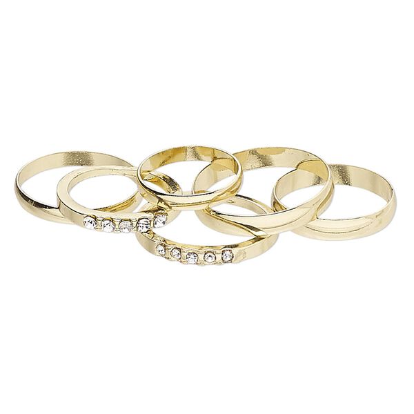 Ring mix, gold-finished brass and glass rhinestone, clear, 3-4mm wide, size 5 to 12-1/2. Sold per pkg of 6. image number 0