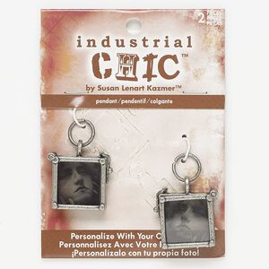 Drop, glass with antique nickel-finished steel and "pewter" (zinc-based alloy), clear and grey, 24x22mm double-sided square frame with latch and removable insert. Sold per pkg of 2.