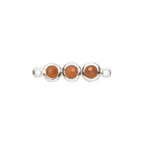 Link, sterling silver and carnelian (dyed / heated), 18x6mm double-sided overall with 6mm faceted round, Mohs hardness 6-1/2 to 7. Sold individually.