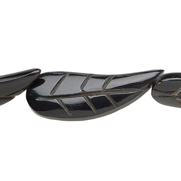 Bead, horn (dyed / waxed), black, 33x13mm hand-cut double-sided carved leaf. Sold per 15-1/2" to 16" strand. image number 0