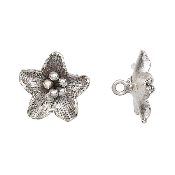Button, Hill Tribes, antiqued fine silver, 18x18mm flower. Sold individually. image number 0