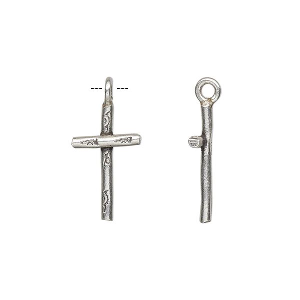 Drop, Hill Tribes, antiqued sterling silver, 20x11mm carved cross. Sold individually. image number 0