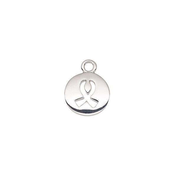 Drop, imitation rhodium-plated "pewter" (zinc-based alloy), 11mm single-sided round with cutout awareness ribbon. Sold individually. image number 0