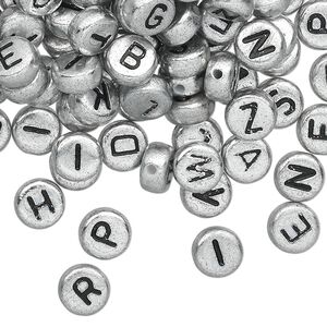 Bead mix, acrylic, opaque silver and black, 7mm double-sided flat round with alphabet letters. Sold per pkg of 200.