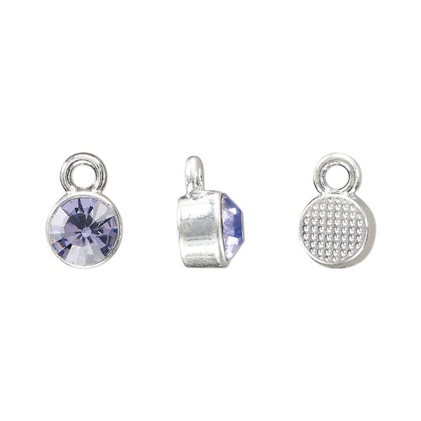 Drop, silver-finished "pewter" (zinc-based alloy) and glass rhinestone, light amethyst, 8mm faceted round, June birthstone. Sold per pkg of 4. image number 0