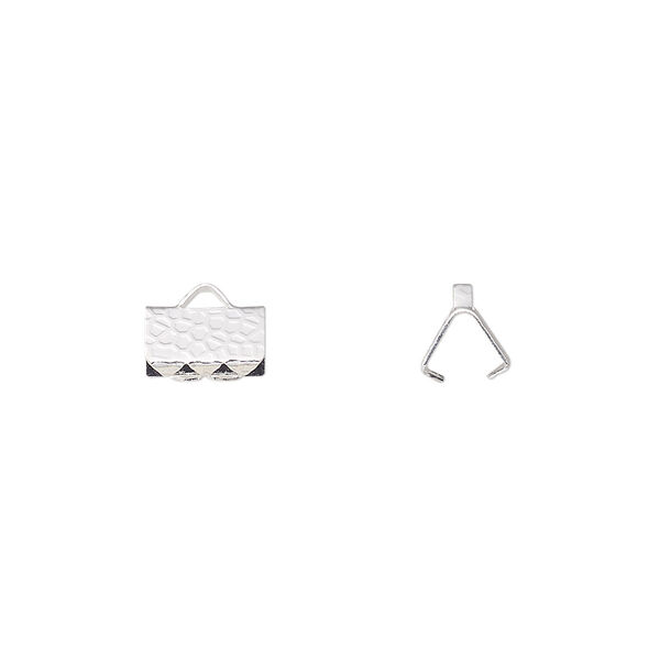 Ribbon crimp end, silver-plated brass, 8x5mm hammered rectangle. Sold per pkg of 100. image number 0