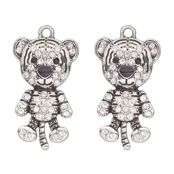 Charm, antique silver-finished "pewter" (zinc-based alloy) and glass, clear and black, 29x17mm single-sided tiger. Sold per pkg of 2. image number 0