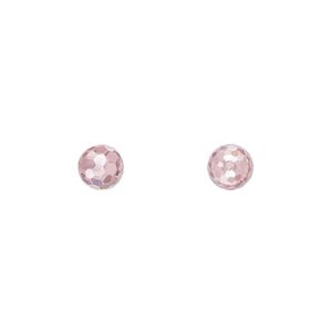 Bead, cubic zirconia, pink, 6mm half-drilled faceted round. Sold per pkg of 2.
