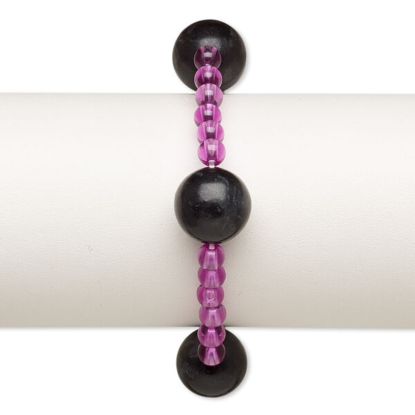 Bracelet, stretch, blackstone (dyed) and acrylic, purple, 5mm and 15-16mm round, 6 inches. Sold individually. image number 0