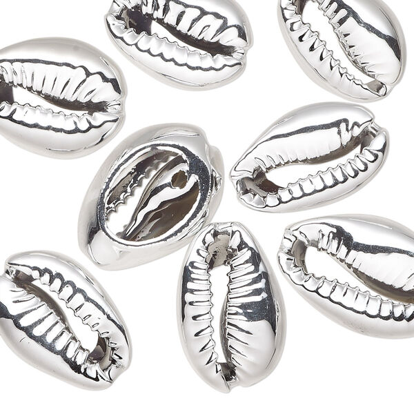 Component, electroplated cowrie shell, silver, 16x11mm-19x12mm hand-cut cowrie, Mohs hardness 3-1/2. Sold per pkg of 10. image number 0