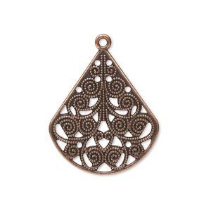 Drop, antique copper-plated steel, 26x23mm filigree teardrop. Sold per pkg of 10.