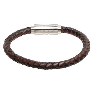 Bracelet, Everyday Jewelry, leather (dyed) and stainless steel, brown and black, 6mm bolo cord, 6-1/2 inches with magnetic clasp. Sold individually.
