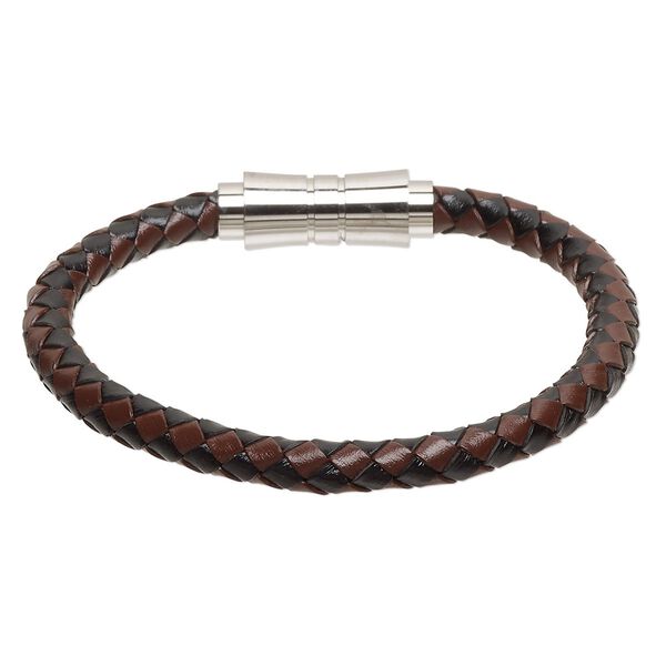 Bracelet, Everyday Jewelry, leather (dyed) and stainless steel, brown and black, 6mm bolo cord, 6-1/2 inches with magnetic clasp. Sold individually. image number 0