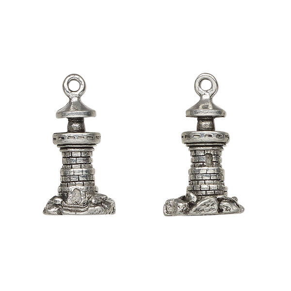 Charm, antiqued pewter (tin-based alloy), 18x11mm 3D lighthouse. Sold per pkg of 2. image number 0